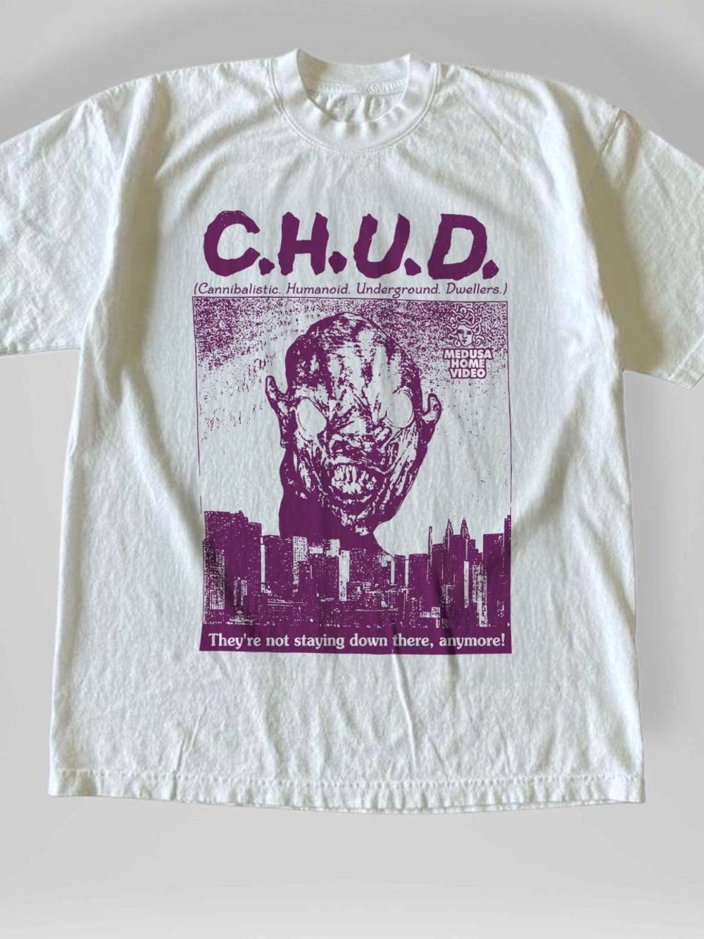 Gildan White Short-Sleeve C.H.U.D. Graphic Tee with Purple Print